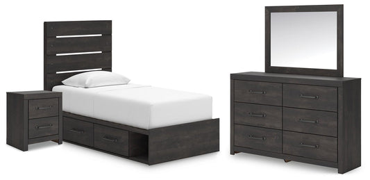 Delmorta Twin Panel Bed with Storage, Dresser, Mirror and Nightstand