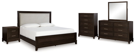 Neymorton Queen Upholstered Panel Bed with Mirrored Dresser, Chest and Nightstand