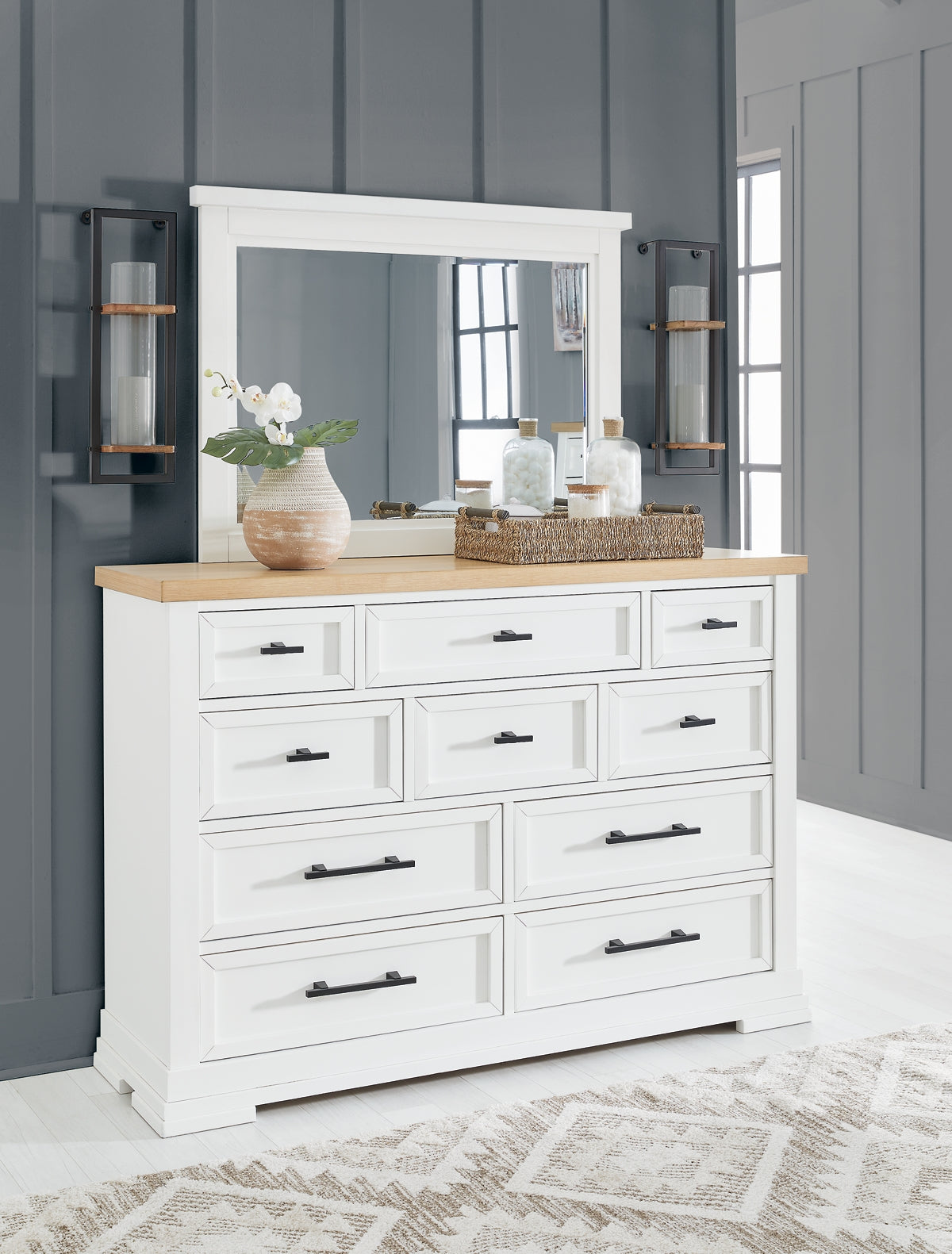 Ashbryn Queen Panel Storage Bed with Mirrored Dresser
