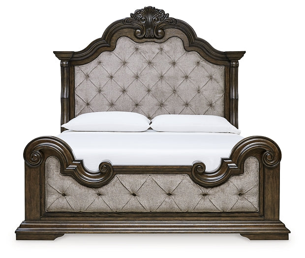 Maylee California King Upholstered Bed with Mirrored Dresser, Chest and Nightstand