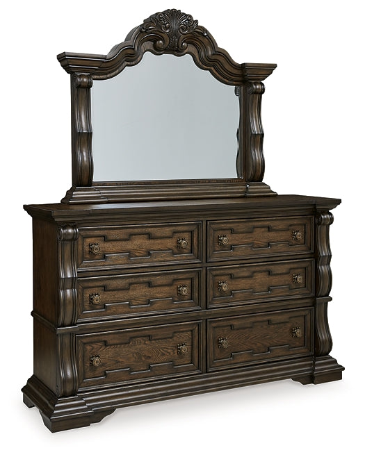 Maylee Queen Canopy Bed, Dresser, Mirror and Nightstand