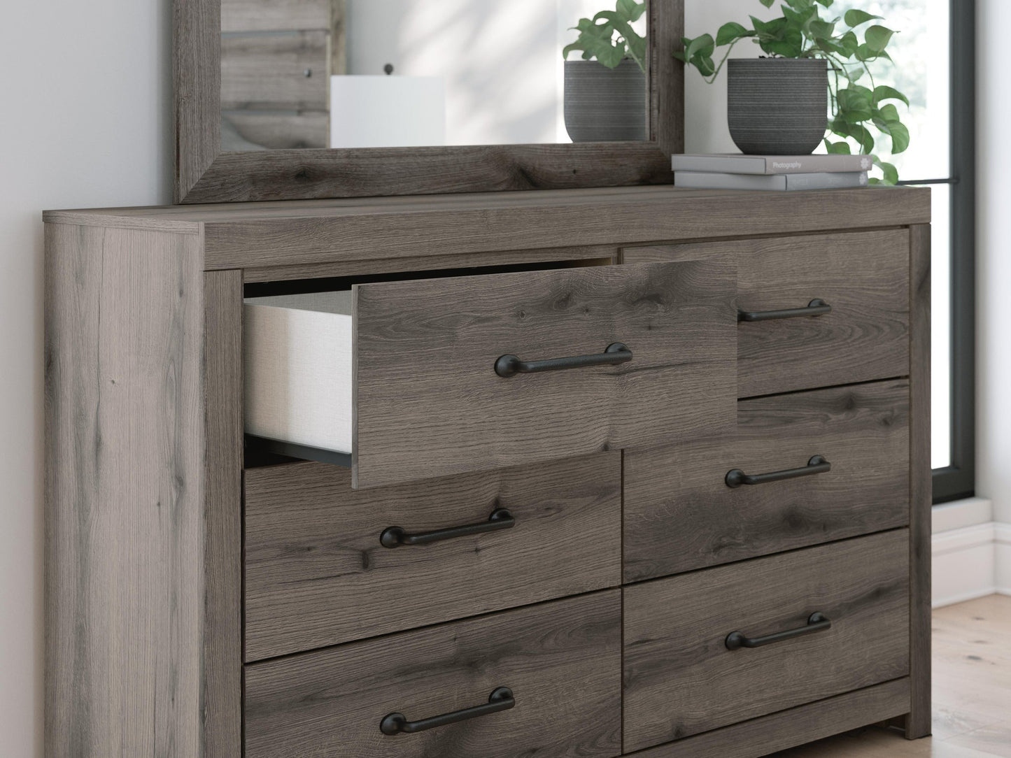 Graystorm King Panel Bed, Dresser, Mirror and Nightstand