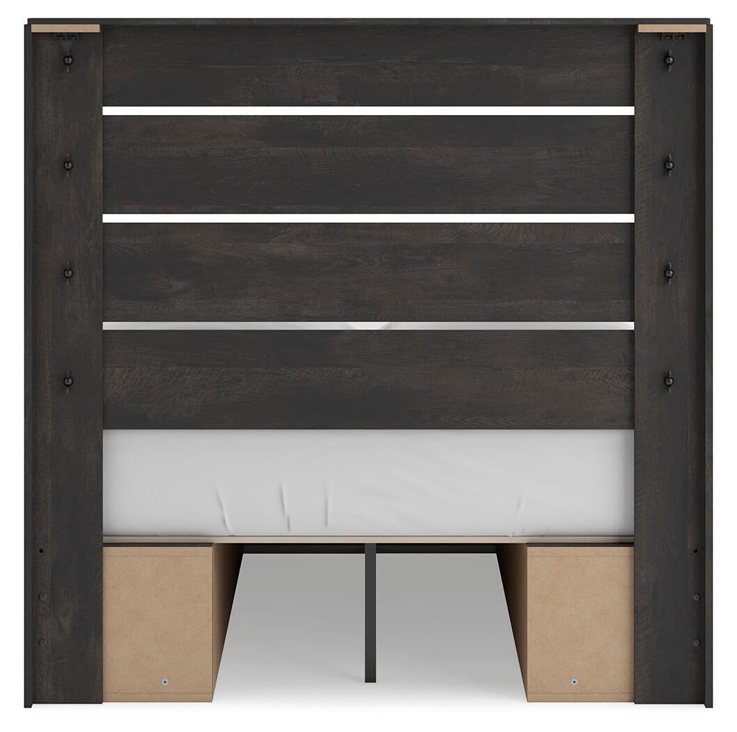 Delmorta Full Panel Bed with Storage, Dresser, Mirror and Nightstand