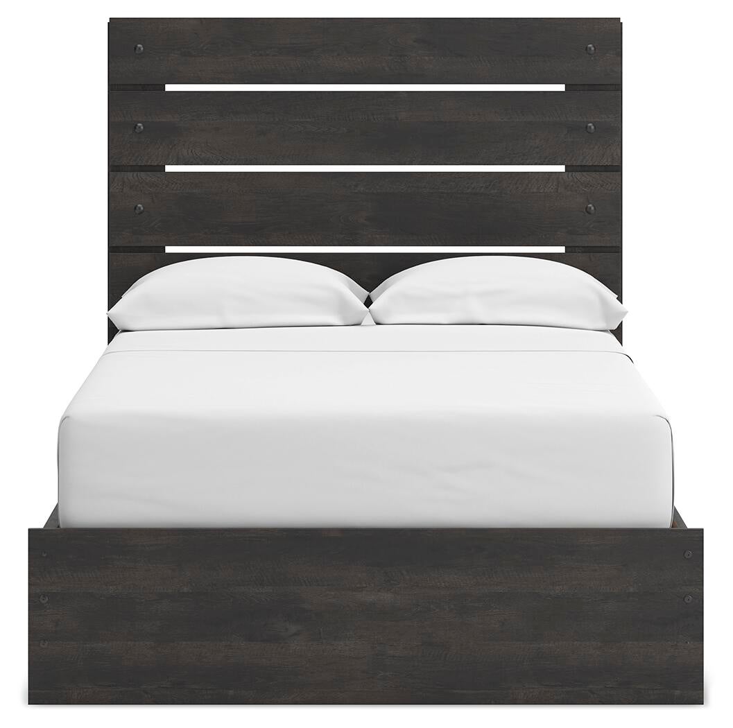 Delmorta Full Panel Bed with Storage, Dresser and Mirror