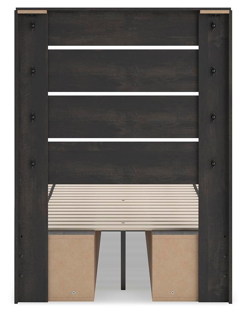 Delmorta Twin Panel Bed with Storage, Dresser, Mirror and Nightstand