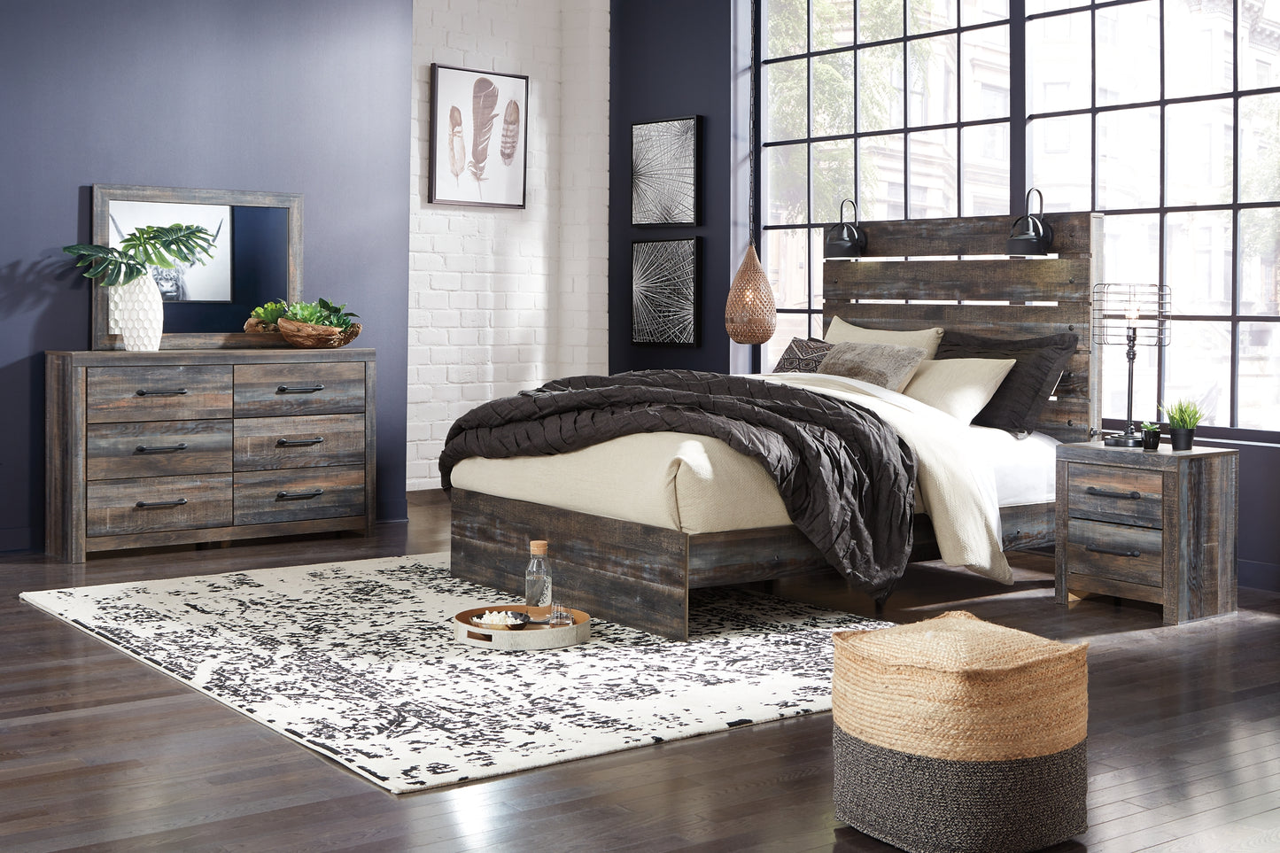 Drystan Queen Panel Bed with 2 Storage Drawers with Mirrored Dresser, Chest and 2 Nightstands